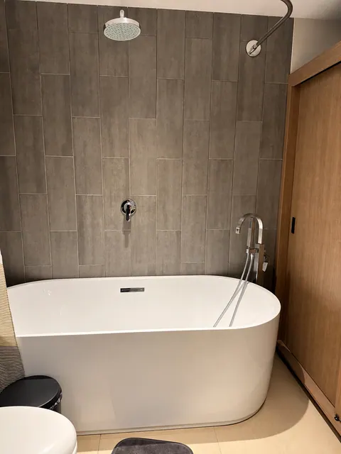 Bathroom with bathtub and rain shower